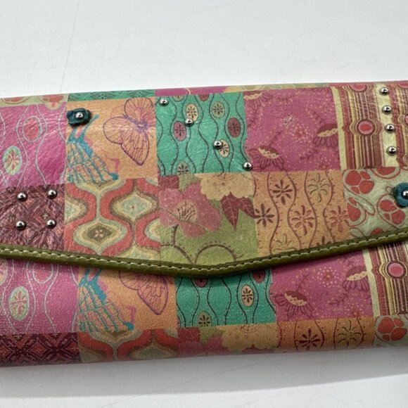 Vintage Fossil Leather Wallet Patchwork Studded Trifold Zip Snap Checkbook Cards - Picture 14 of 14